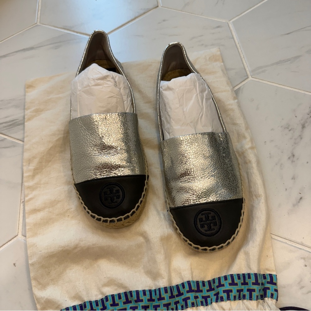 Tory Burch Metallic Silver and Black Espadrilles